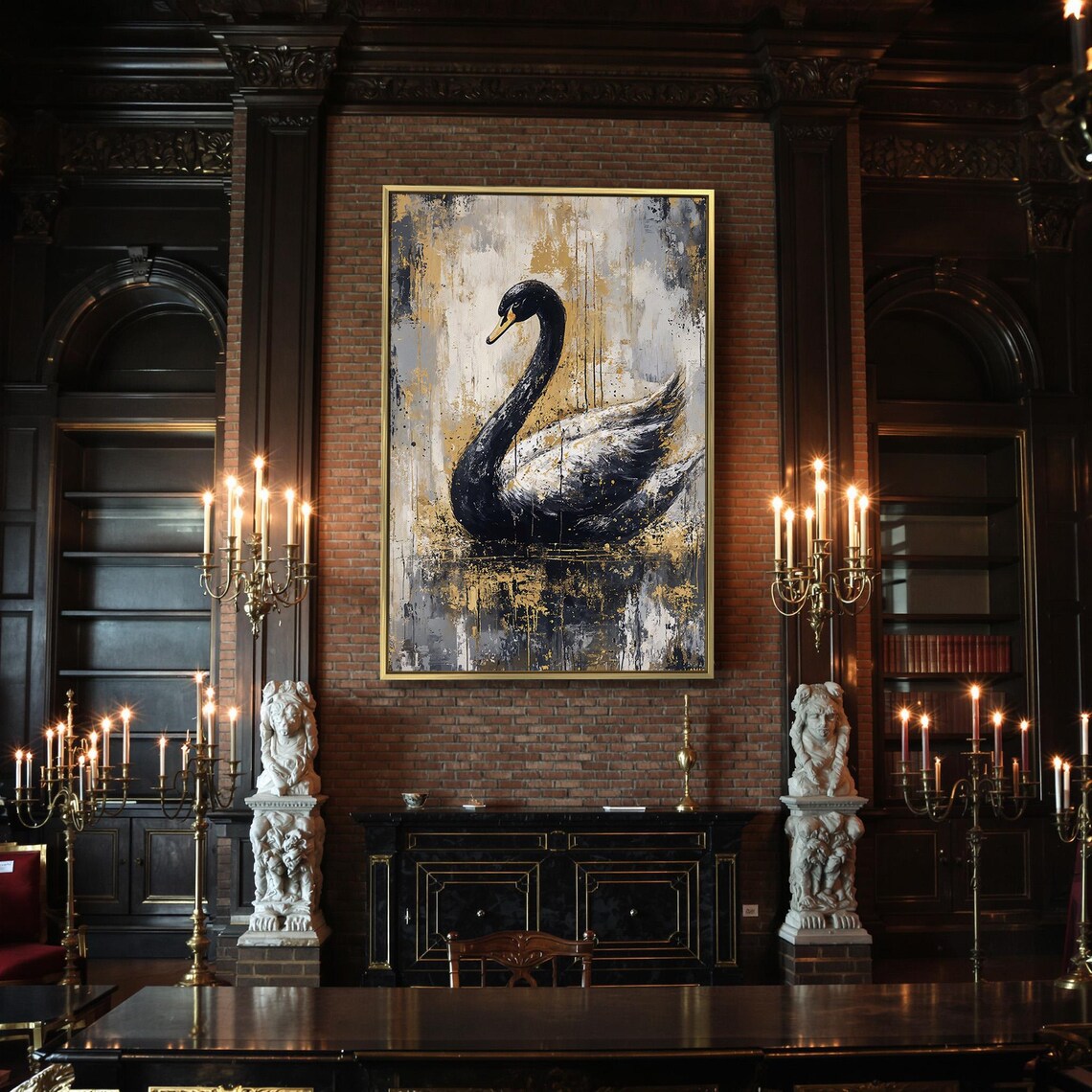 Abstract Black Swan With Curved Neck On White Gold Splattered Art Poster - Image 2