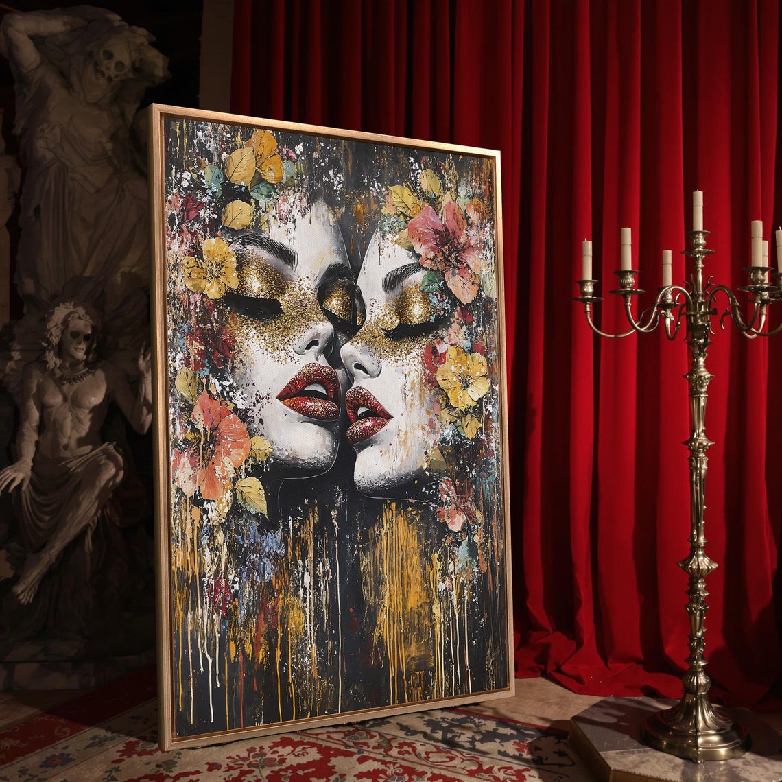 Glamorous Women Faces With Gold Glitter Eyes Floral Painting Poster - Image 4