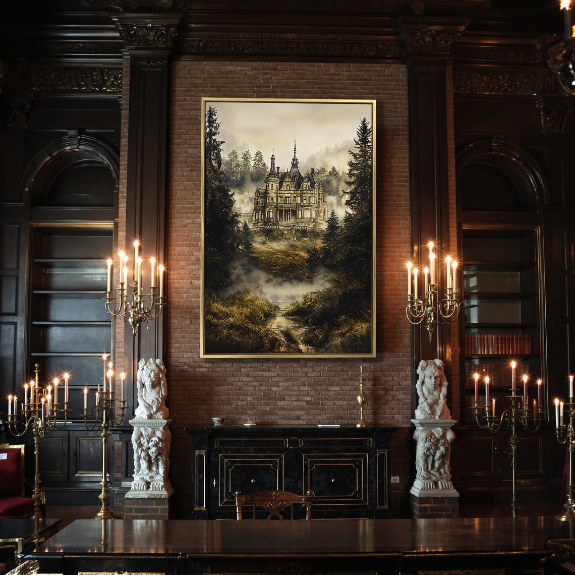 Mystical Chateau in Misty Pine Forest Golden Fog Painting Poster - Image 2