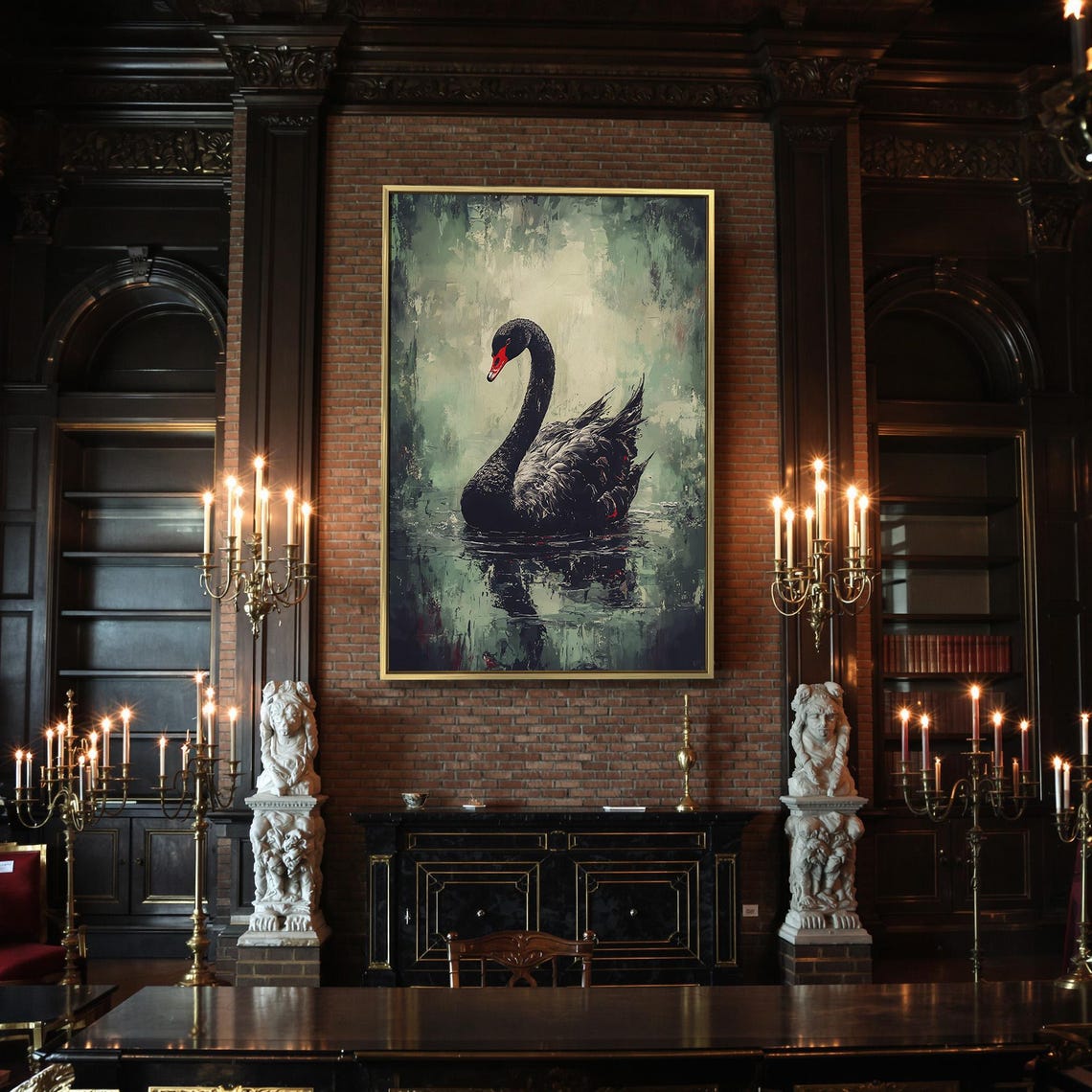 Black Swan Green Pond Red Beak Impressionist Wildlife Water Poster - Image 2