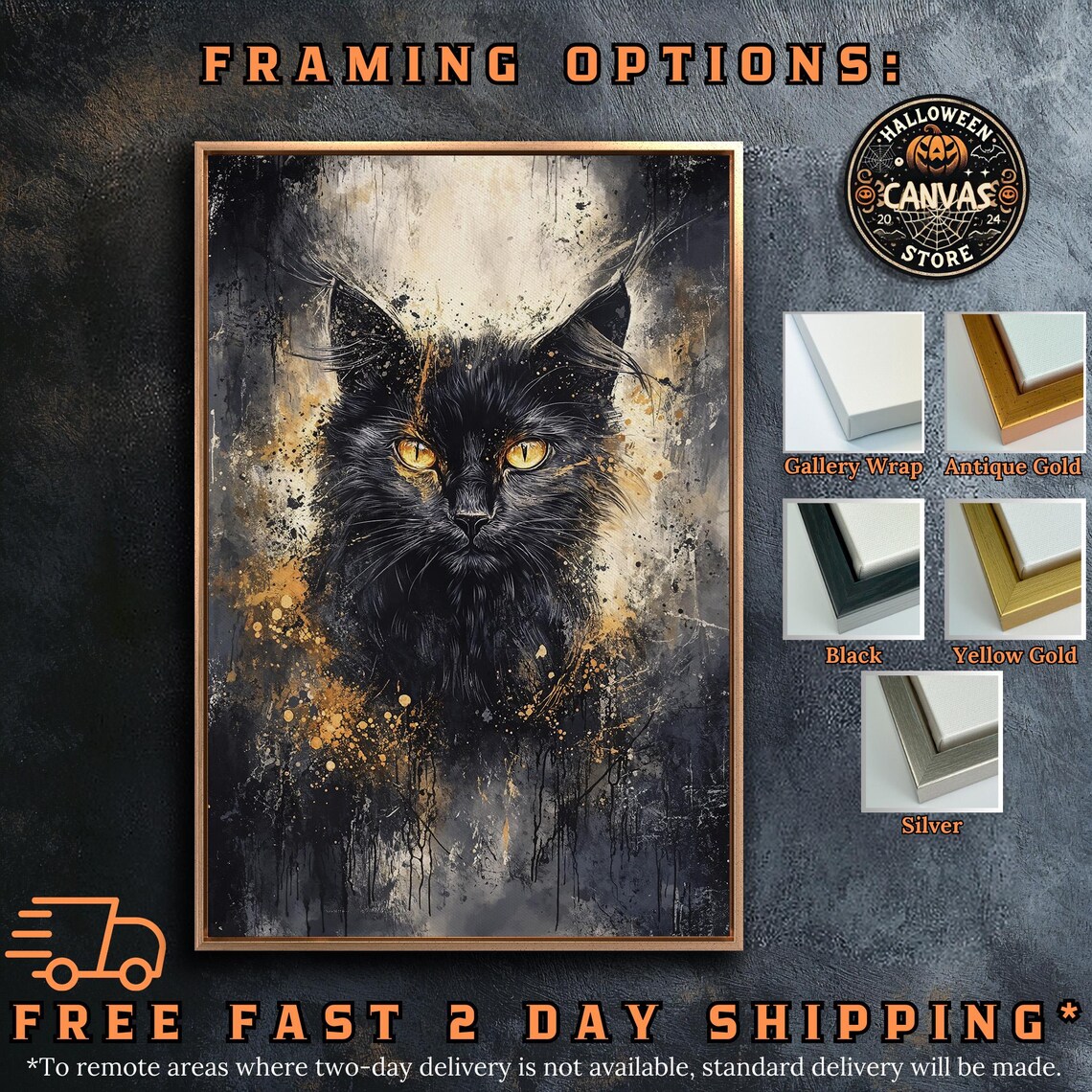Black Cat Orange Eyes Dark Gold Abstract Dripping Paint Mystical Wall Poster - Image 5