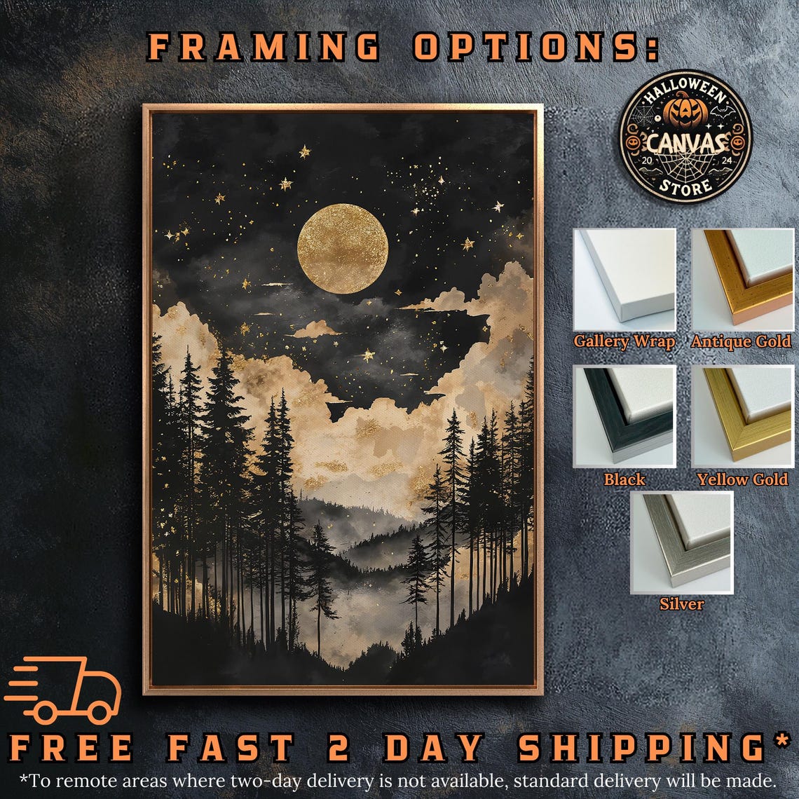 Starry Moonlit Night Framed Wall Art Puffy Clouds Painting Print Mountain Forest Decor Gothic Landscape Poster Gift Ready To Hang - Image 5