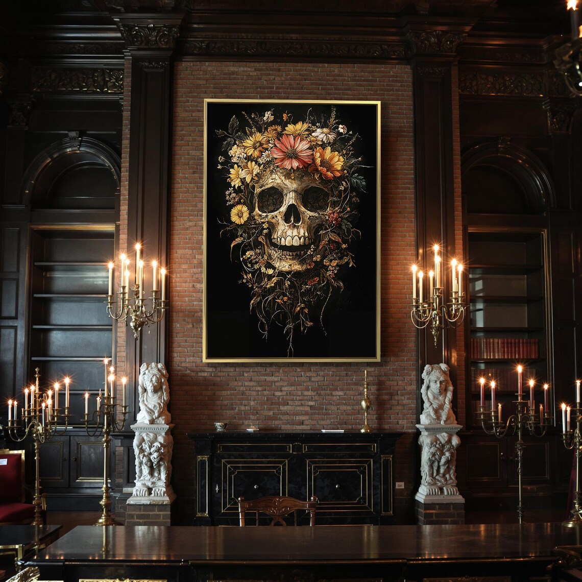 Floral Skull Crowned With Golden Yellow Wildflowers Dark Art Poster - Image 2