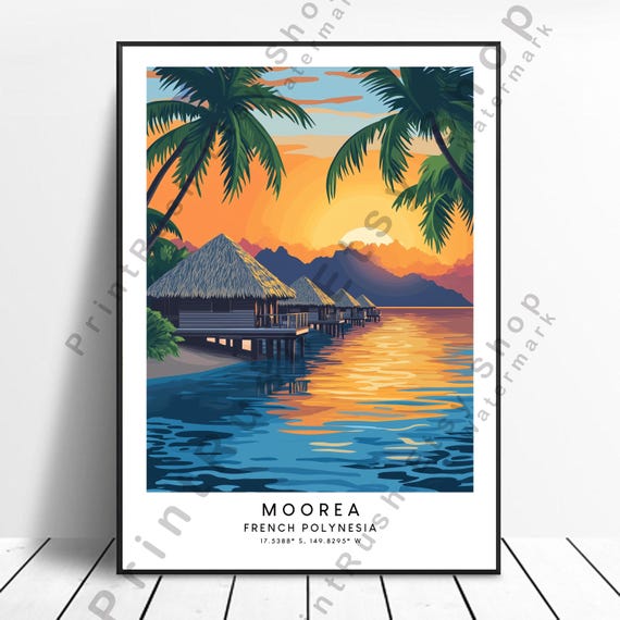 French Polynesia Travel Print Moorea Illustration Art Tropical Sunset View Island Poster Home Decor Wall Hanging Gift