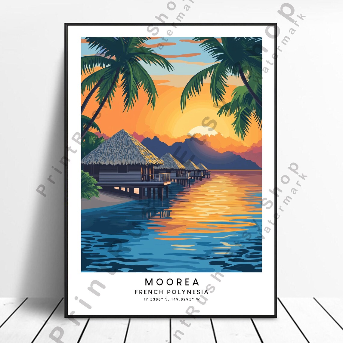 Moorea French Polynesia Overwater Bungalow Sunset Travel Poster Art