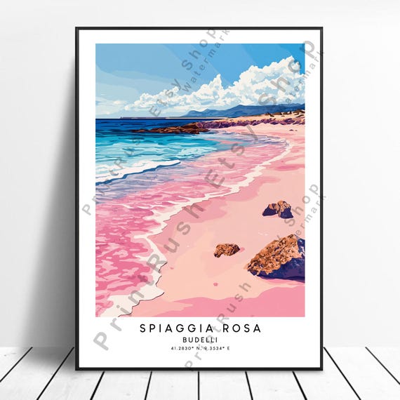 Spiaggia Rosa Beach Travel Print Colourful Poster Minimalist Budelli Island Wall Art Home Dcor Italy Gift