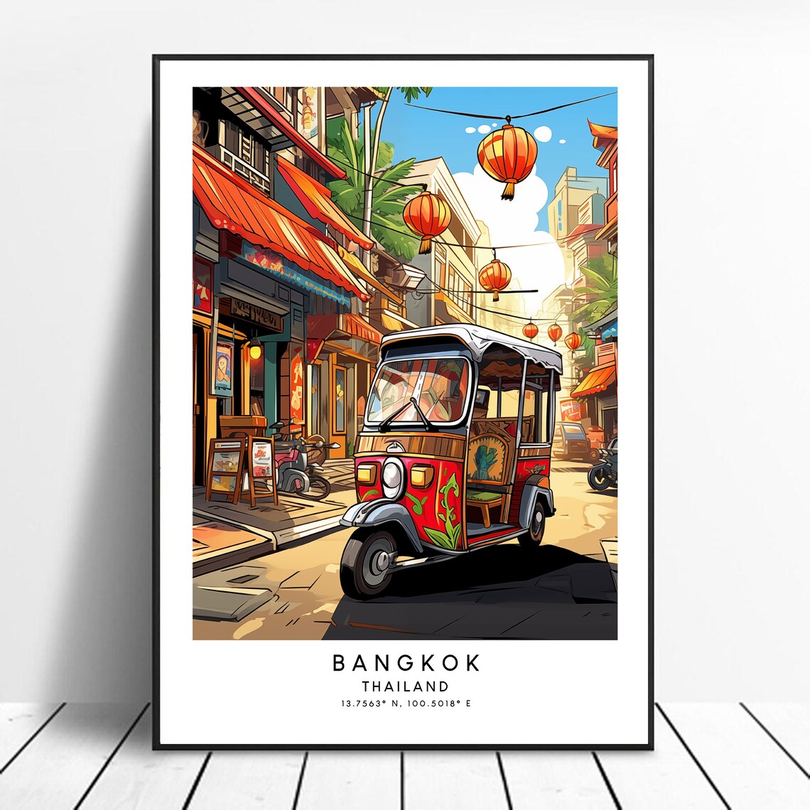 Bangkok Thailand Tuk Tuk Chinatown Lanterns Colorful Travel Poster
