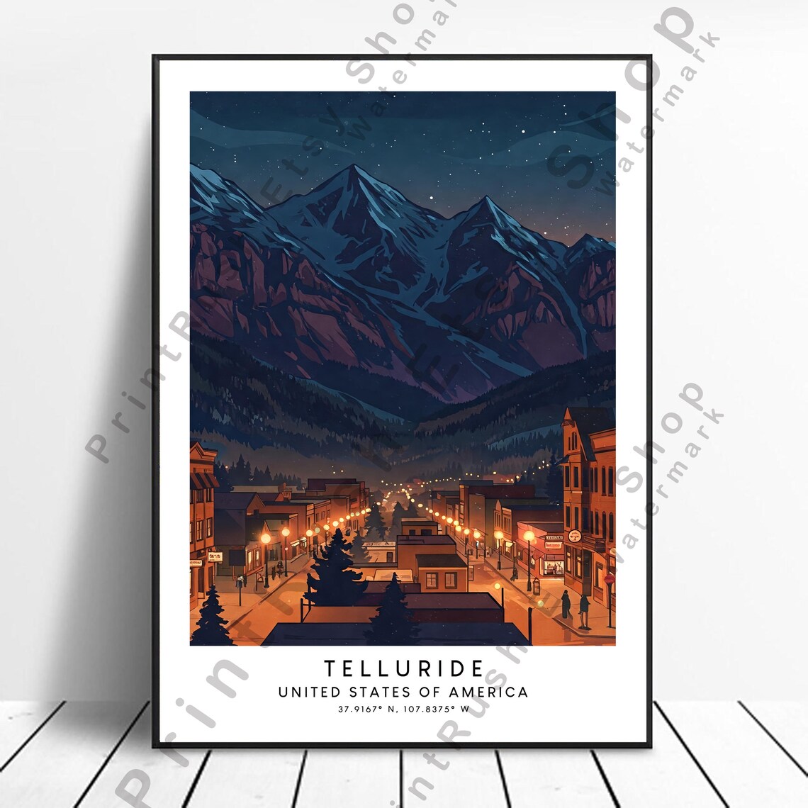 Telluride Colorado Mountain Town Starry Night Street Travel Poster