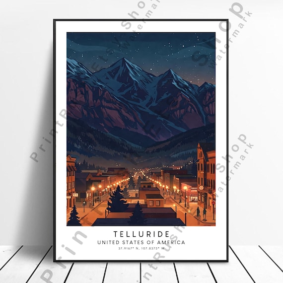 Telluride Colorado Mountain Town Starry Night Street Travel Poster