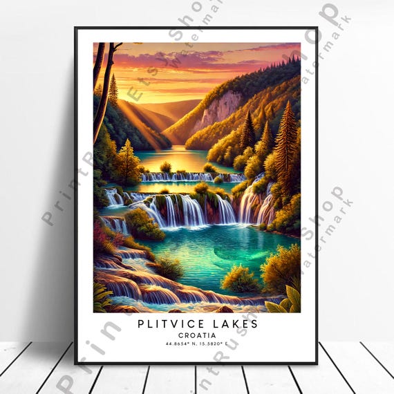 Croatia Travel Print Plitvice Lakes Wall Poster Illustration Home Dcor Waterfall Art Plitvie