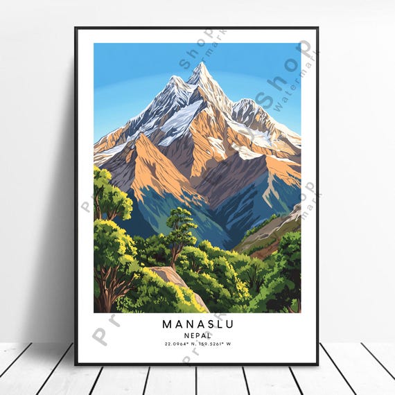 Nepal Travel Print Manaslu Poster Wall Art Colourful Home Dcor Mountain Illustration Gift Hanging