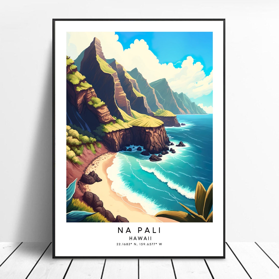 Na Pali Coast Hawaii Ocean Cliffs Beach Coordinates Travel Poster