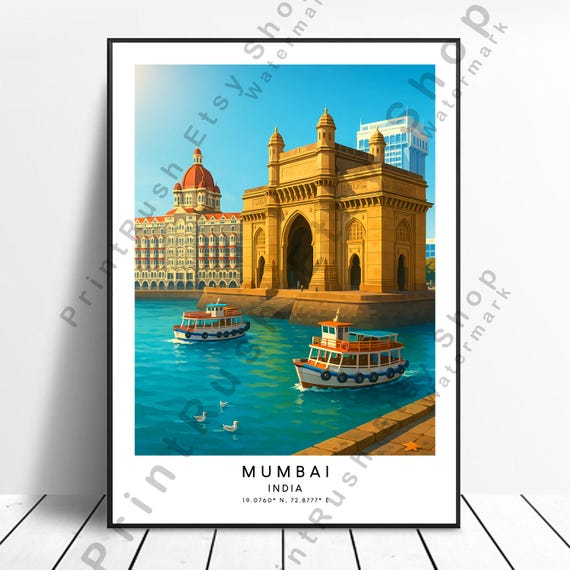 Mumbai India Art Print Illustration Wall Poster Travel Home Dcor Colourful Gift