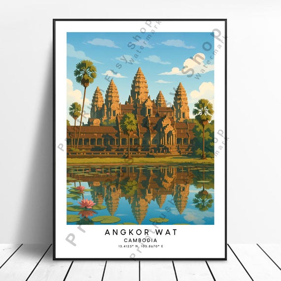 Angkor Wat Cambodia Illustration Art Print Asian Travel Poster Artwork Landscape Wall Decor Historic Temple Home Gift