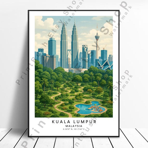 Malaysia Travel Poster Kuala Lumpur Wall Art Print Illustration Dcor Colourful Home Gift