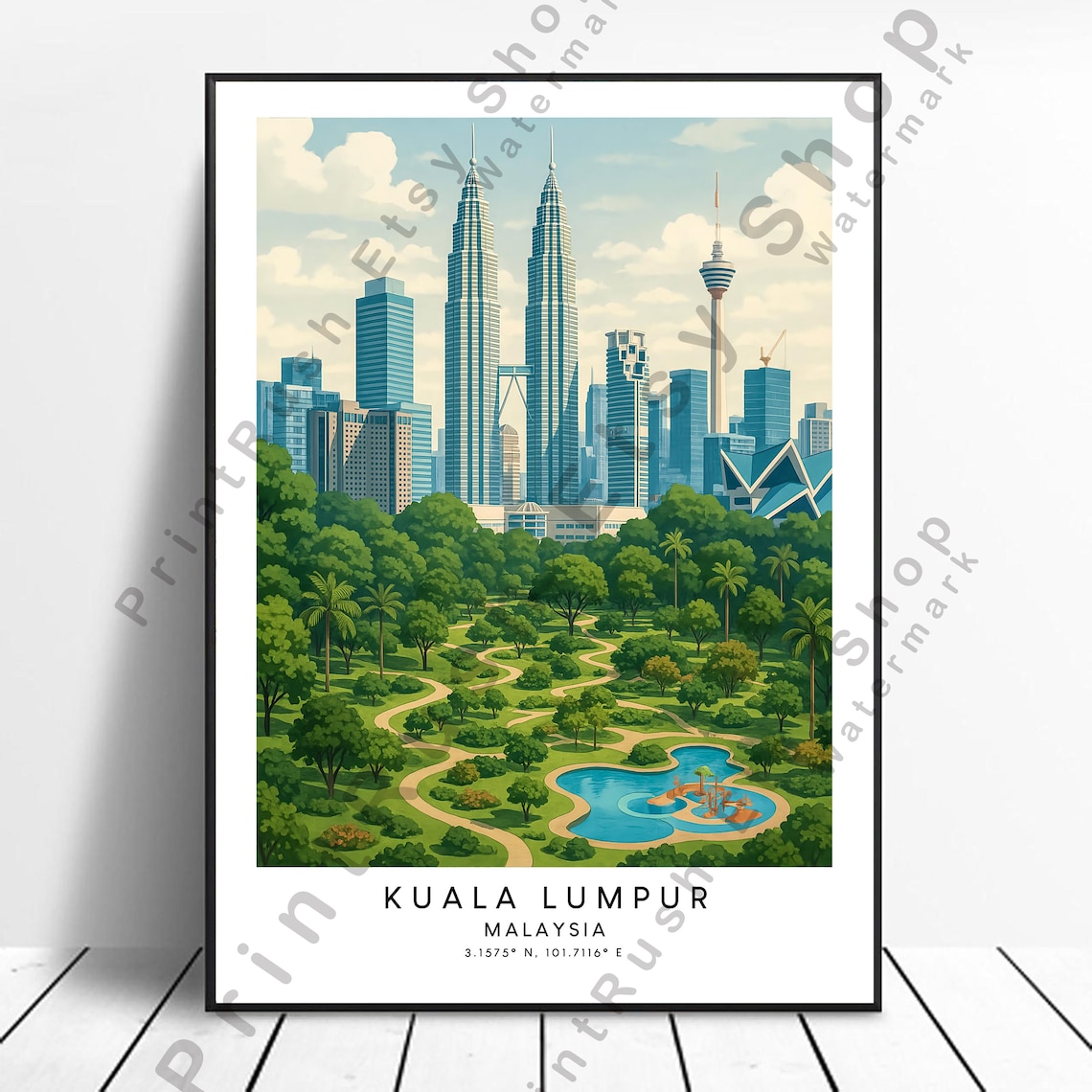 Kuala Lumpur Malaysia Petronas Towers Park Travel Illustration Poster