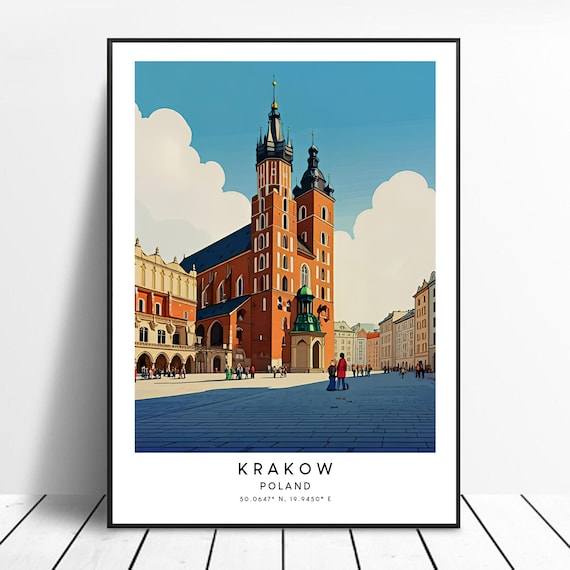 Krakow Travel Poster, Colourful Poland Wall Art