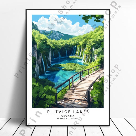 Plitvice Lakes Croatia Illustration Art Travel Poster Print Home Colourful Dcor Gift