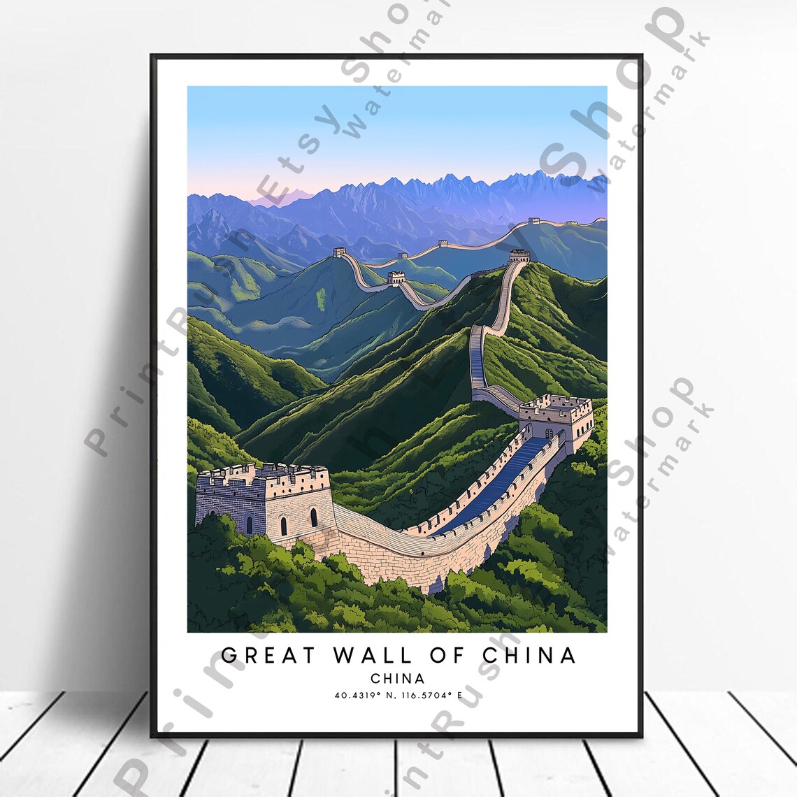 Great Wall Of China Mountain Ridgeline Travel Poster Illustration