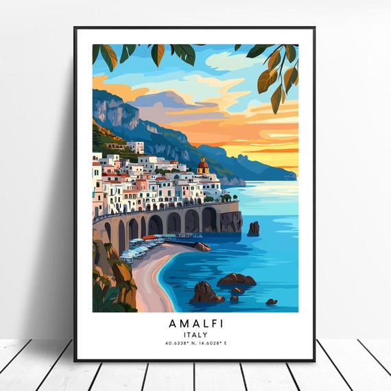 Amalfi Coast Italy Poster Sunset Seaside Illustration Wall Art Coastal Home Decor Italian Riviera Travel Gift Mediterranean