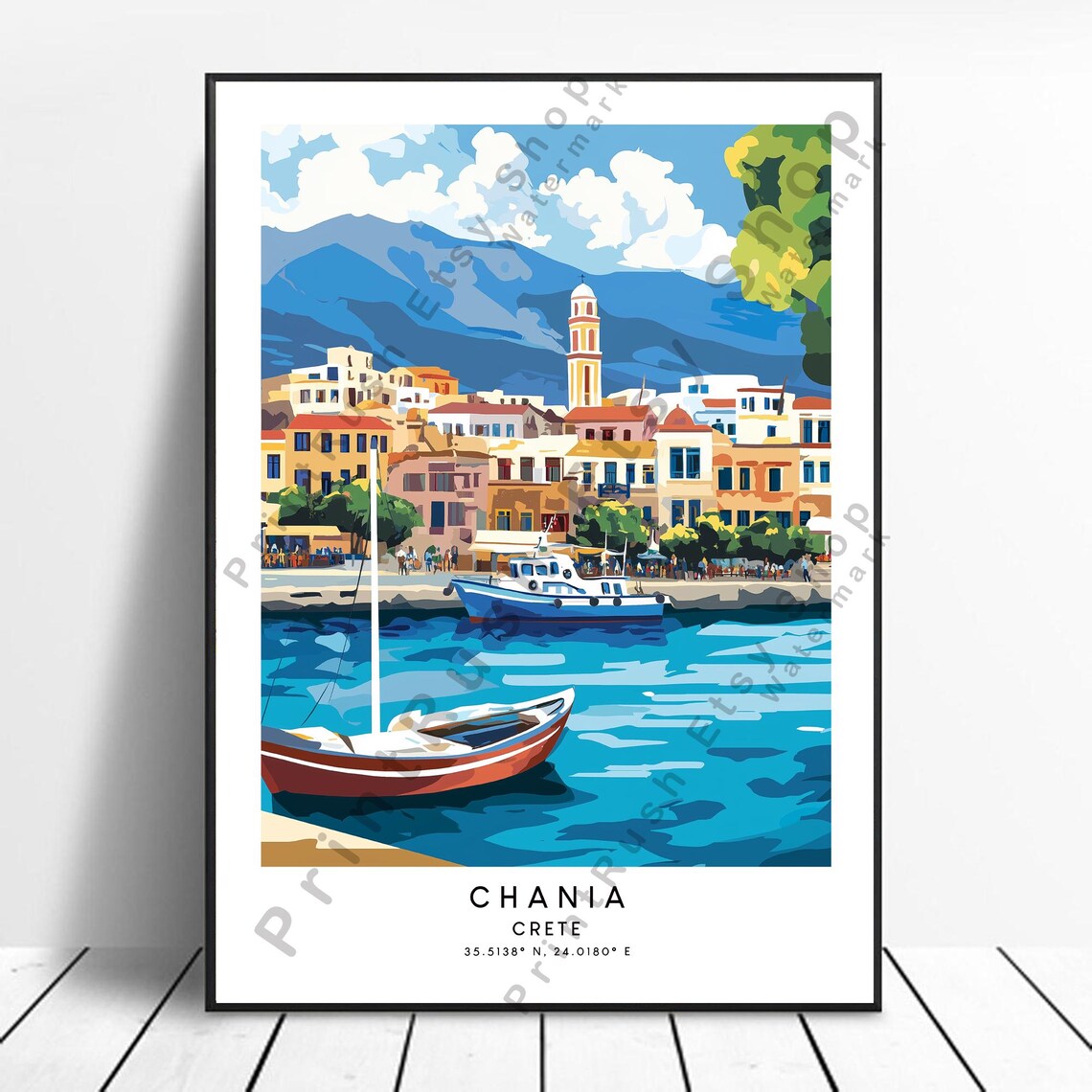 Chania Greece Travel Poster, Minimalist Crete Illustration