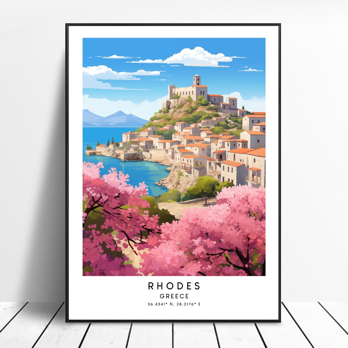 Rhodes Greece Hilltop Old Town Travel Poster With Spring Blossoms
