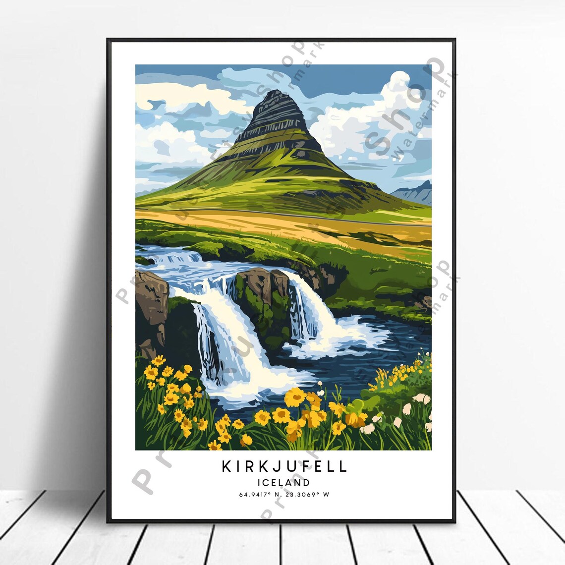 Kirkjufell Iceland Waterfall Wildflowers Colorful Travel Art Poster