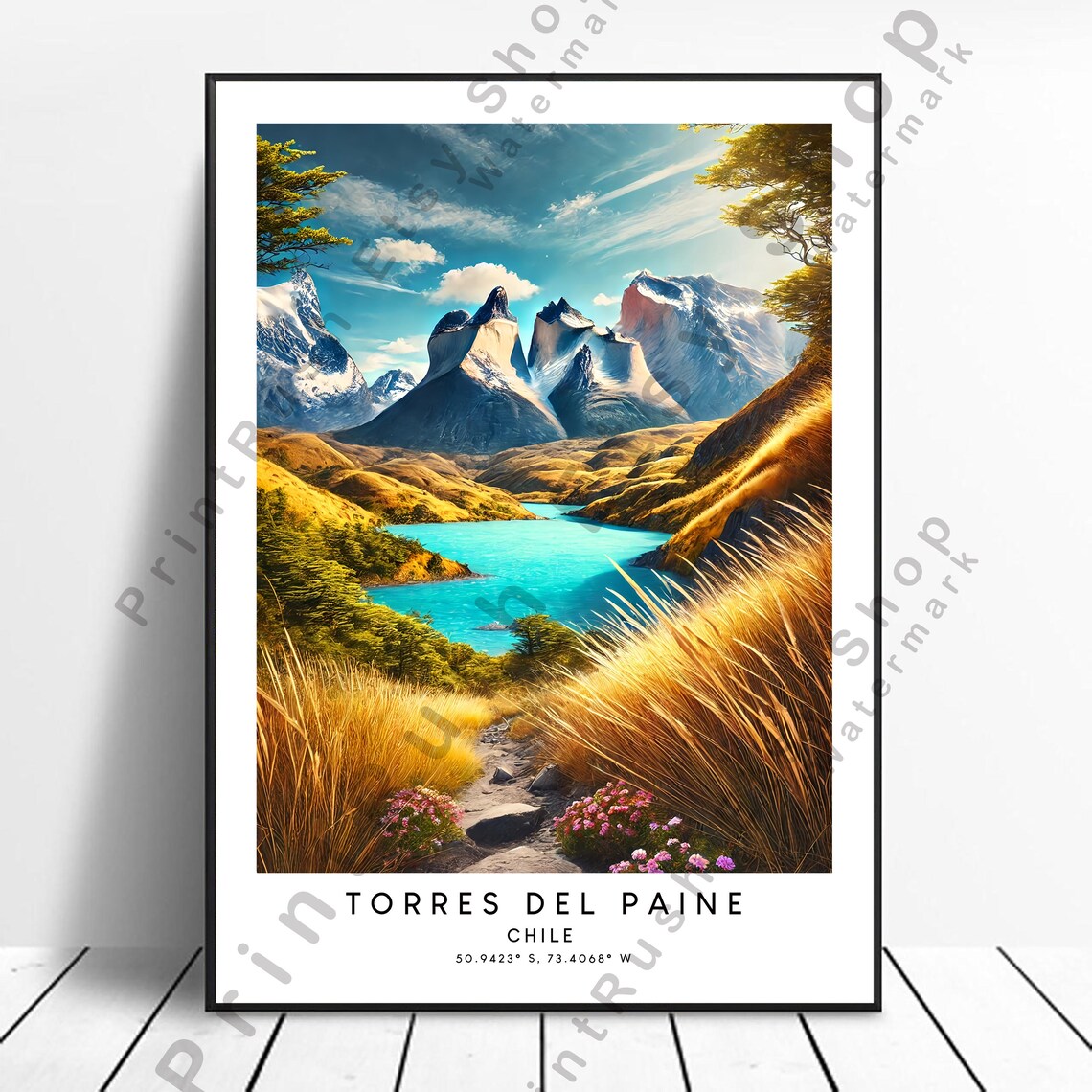 Torres del Paine Chile Granite Towers Turquoise Lake Travel Poster