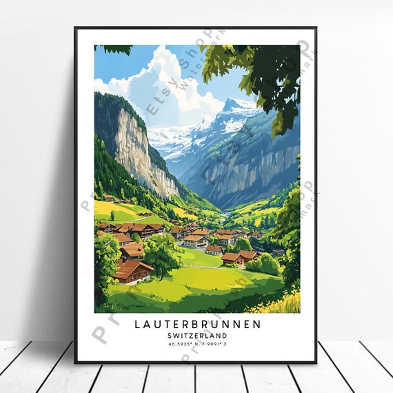Lauterbrunnen Travel Print Colourful Poster Wall Art Home Dcor Switzerland Illustration Gift