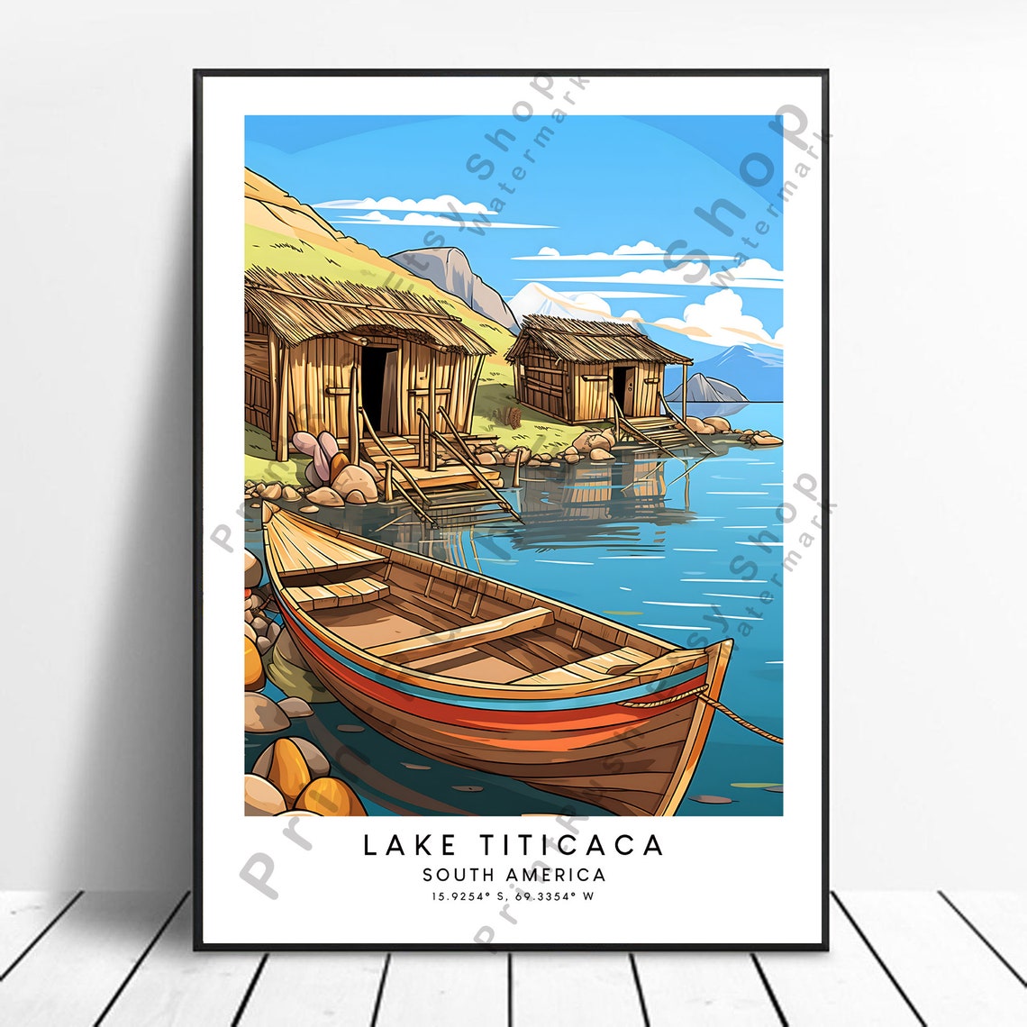 Lake Titicaca Travel Print Colourful Poster Minimalist Wall Art Gift