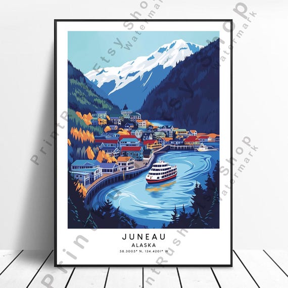 Juneau Alaska Art Print Colourful Poster Travel Wall Dcor Illustration