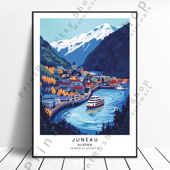 Juneau Alaska Ferry Harbor Snowy Mountain Town Retro Travel Poster