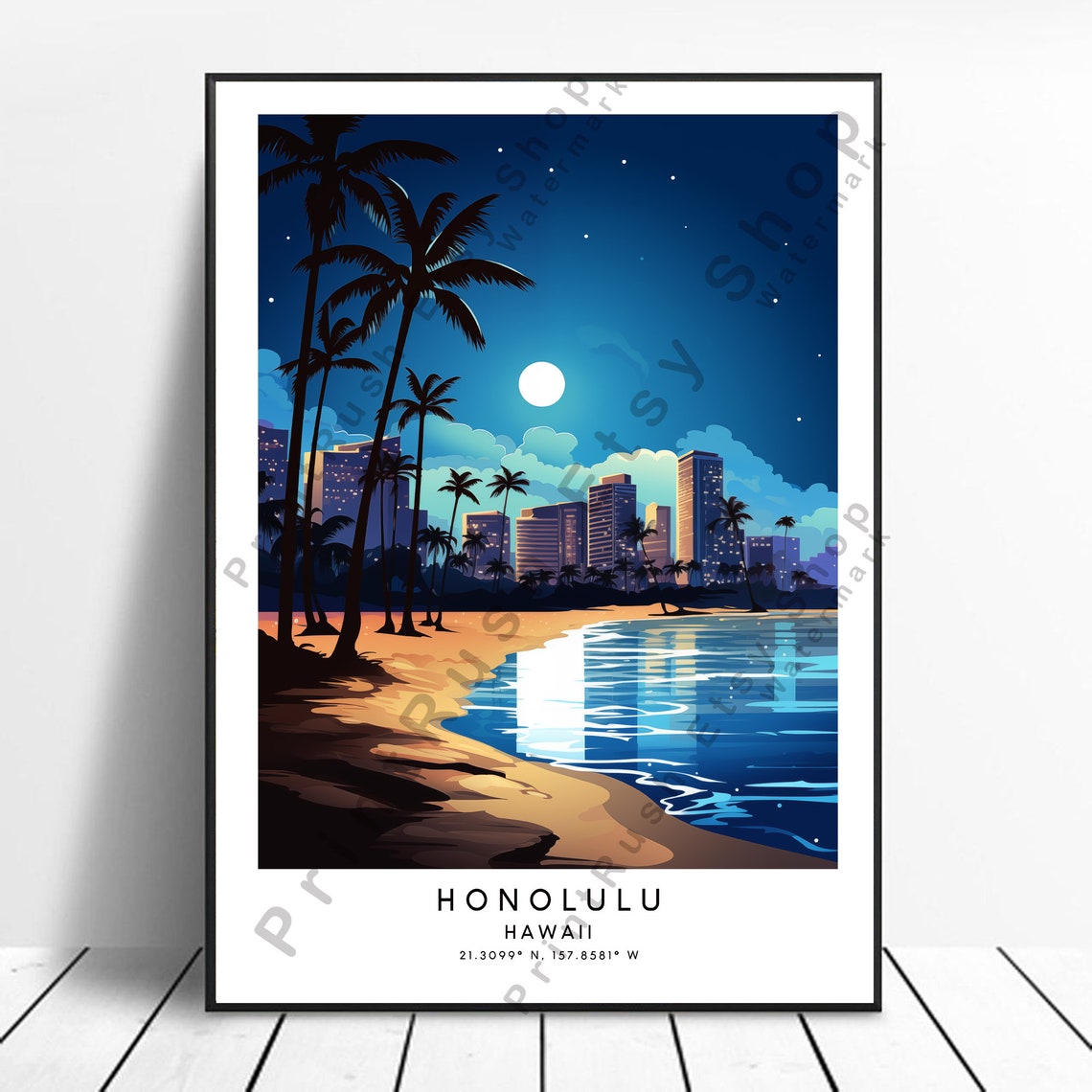 Honolulu Hawaii Moonlit Waikiki Beach Palm Trees Coordinates Poster