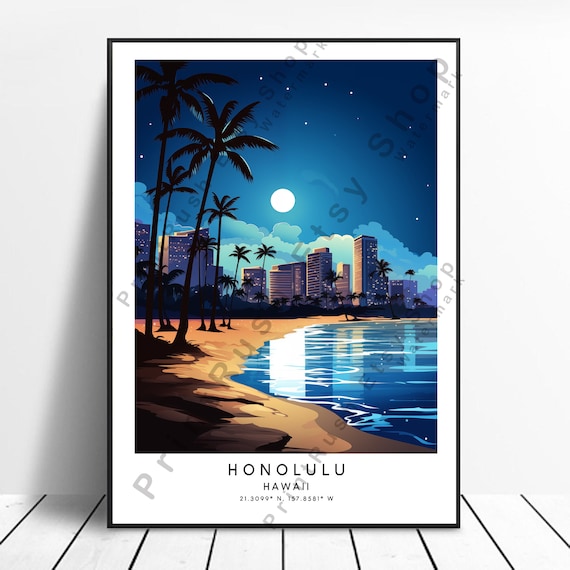 Honolulu Hawaii Moonlit Waikiki Beach Palm Trees Coordinates Poster