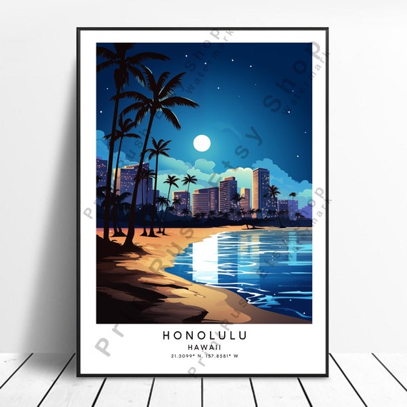 Honolulu Travel Print Poster Wall Art Colourful Hawaii Dcor Illustration