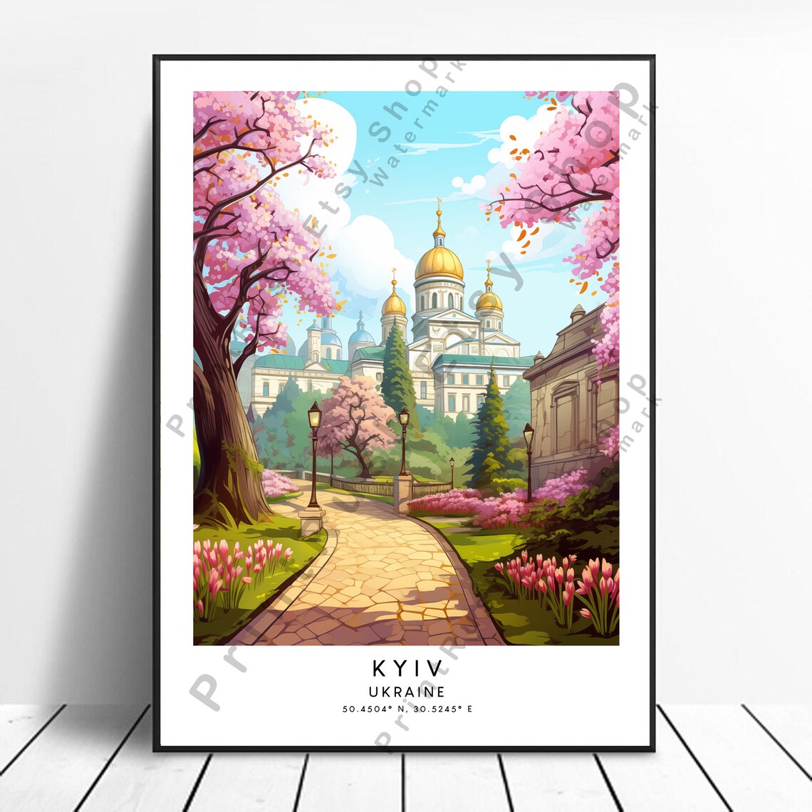 Kyiv Ukraine Golden Cathedral Domes Spring Blossom Travel Poster