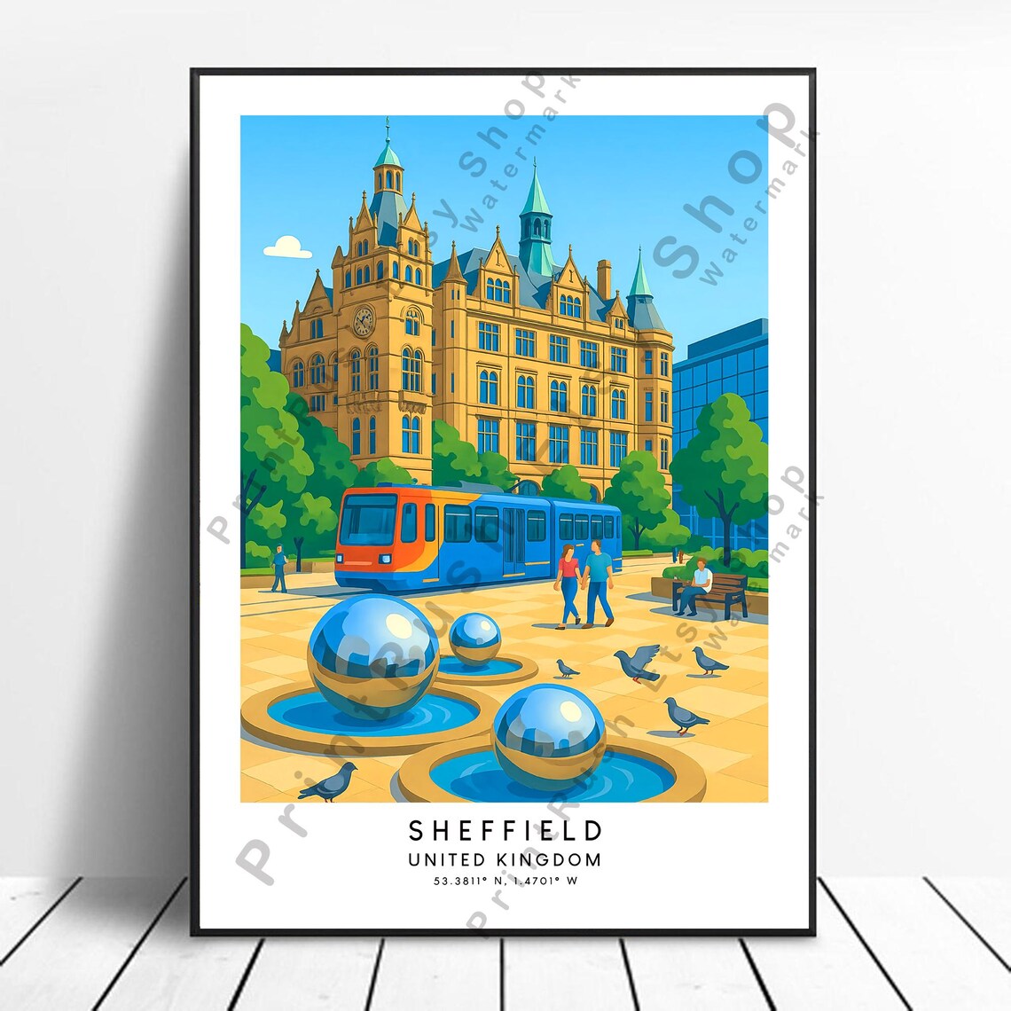 Sheffield United Kingdom Tram Town Hall Travel Illustration Poster