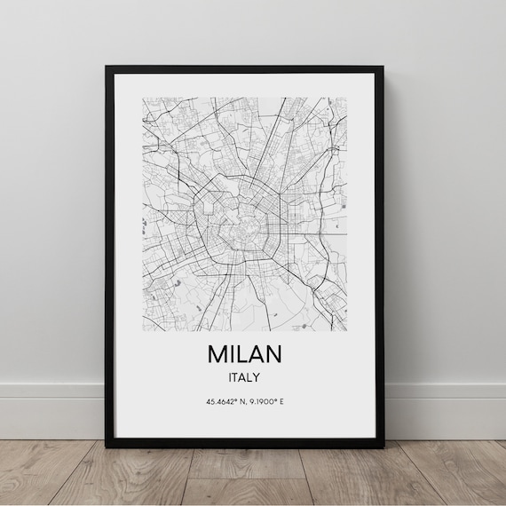 Milan City Map Black And White Print Poster Minimalist Wall Art Travel Italy Gift