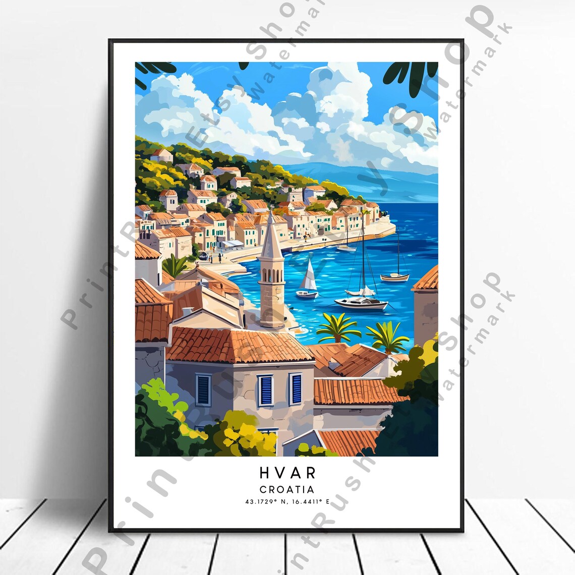 Hvar Croatia Sunny Harbor Sailboat Mediterranean Daytime Travel Poster