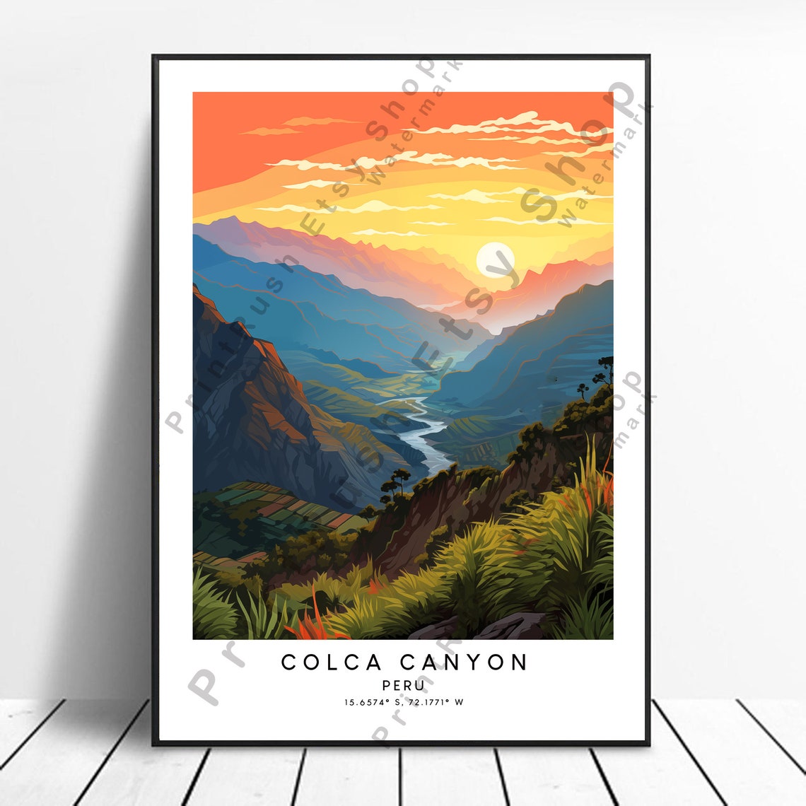 Colca Canyon Peru Mountain Valley Golden Sunset Travel Poster