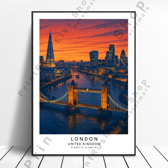 Modern London Cityscape Poster Illustration Night City Print Wall Art Skyline Home Dcor Hanging Gift