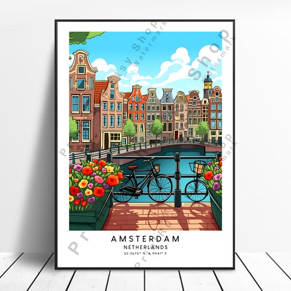 Netherlands Travel Print Colourful Amsterdam Poster Minimalist Wall Art Gift