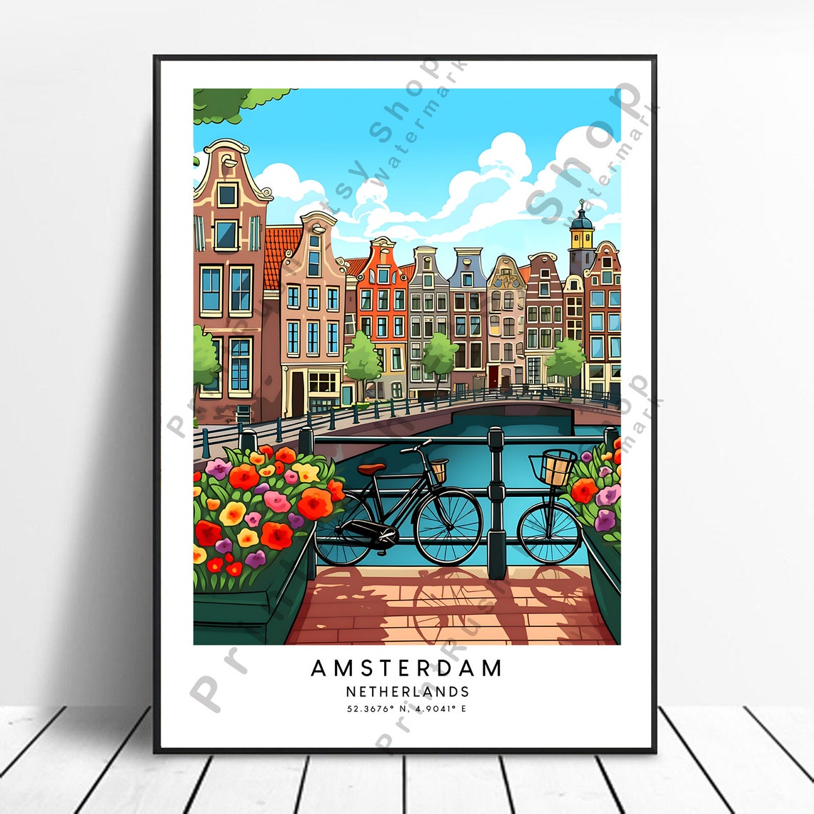 Netherlands Travel Print Colourful Amsterdam Poster Minimalist Wall Art Gift