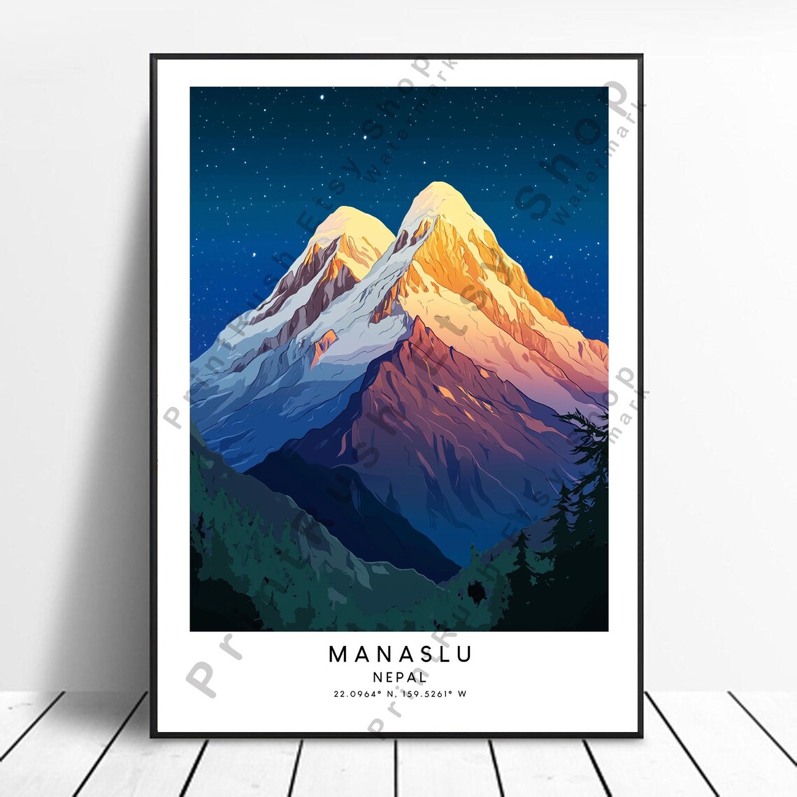 Manaslu Nepal Snow Capped Peaks Starry Night Himalaya Mountain Poster