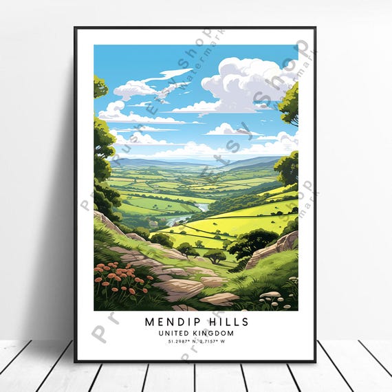 Mendip Hills Print Colourful Poster Home Dcor Wall Art Hanging Illustration Gift Mendips