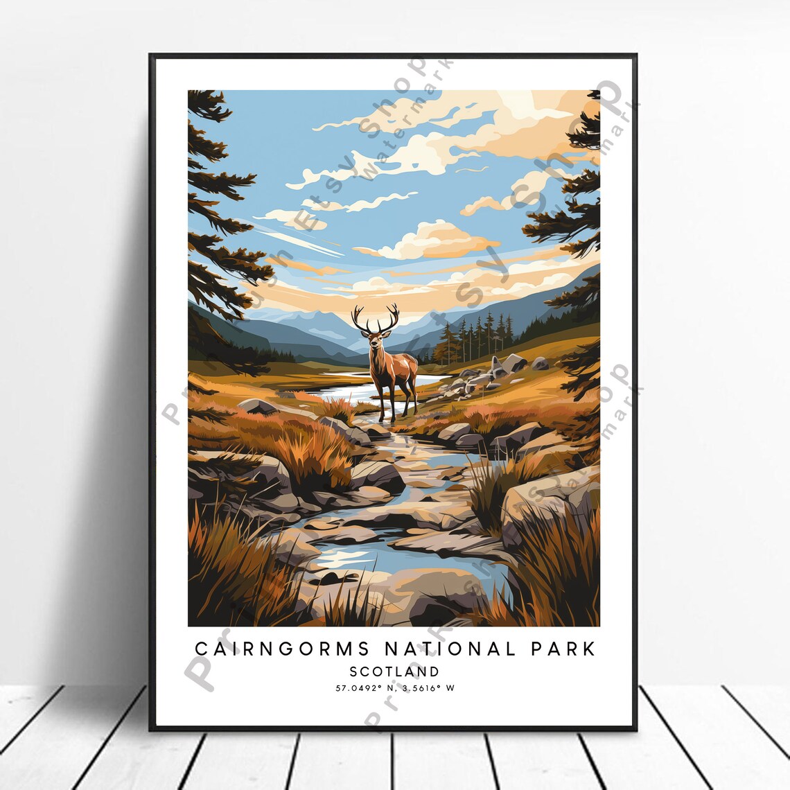 Cairngorms National Park Scotland Red Stag Stream Valley Travel Poster