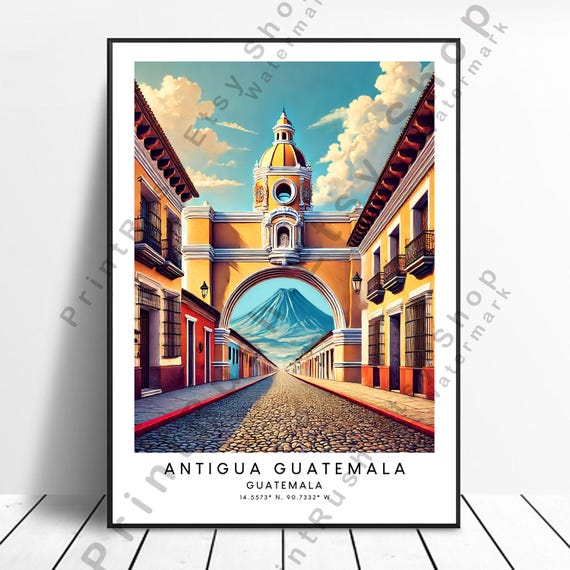 Antigua Guatemala Wall Art Travel Poster Central America City Decor Cityscape Illustration Gift
