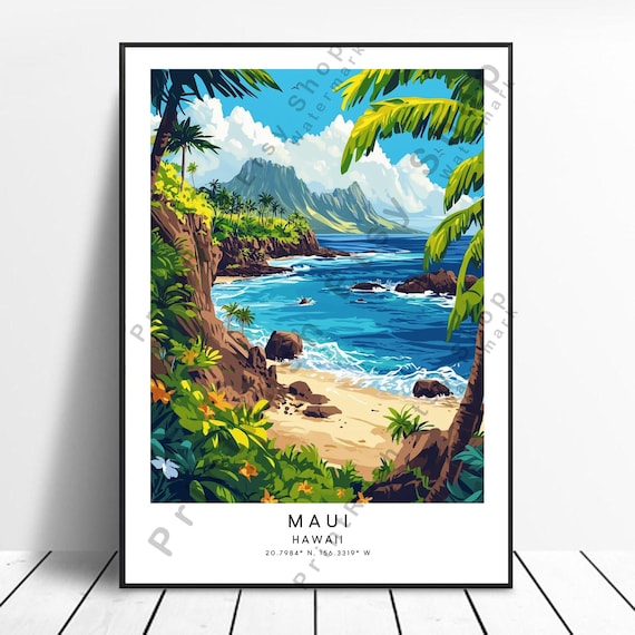 Maui Hawaii Tropical Cove Palm Beach Cliffs Island Paradise Travel Poster