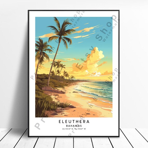 Eleuthera Bahamas Tall Palm Beach Golden Sunset Travel Poster