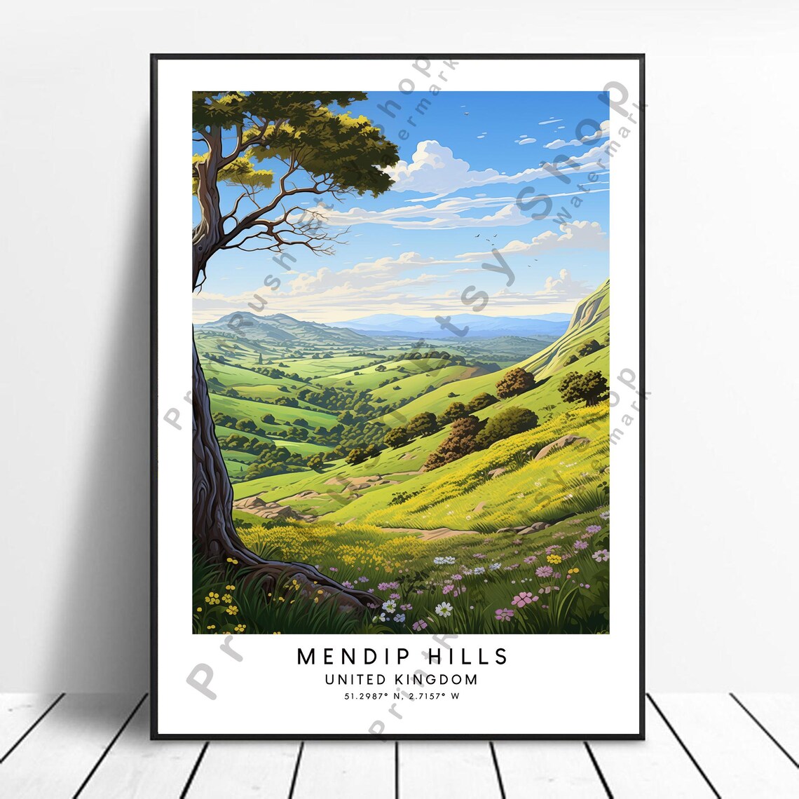 Mendip Hills United Kingdom Green Valley Travel Destination Poster
